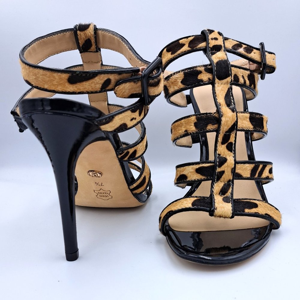 CHARLES DAVID INA Slingback heels Sz 7.5 LEATHER leopard pattern LOGO REAL GEMS